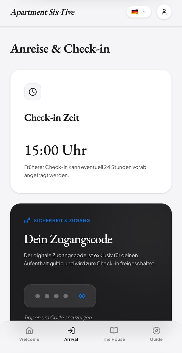 Gastguide im Editorial-Design mit Anreise- und Zugangscode-Karte